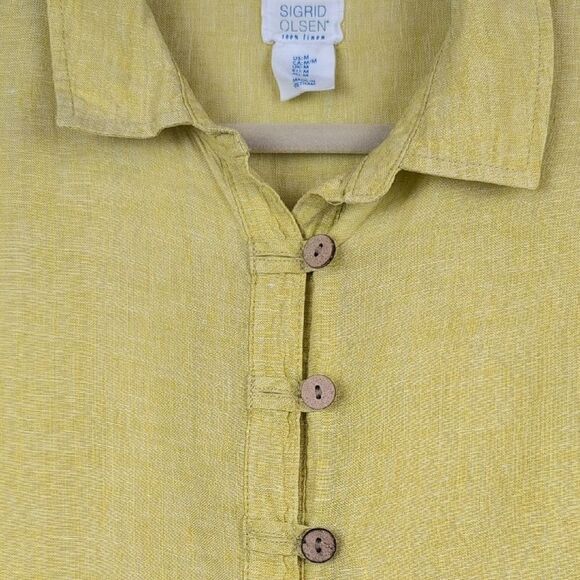 Signed Olsen Yellow Green Linen Roll Tab Sleeves Linen Shirt Size M - Picture 6 of 8